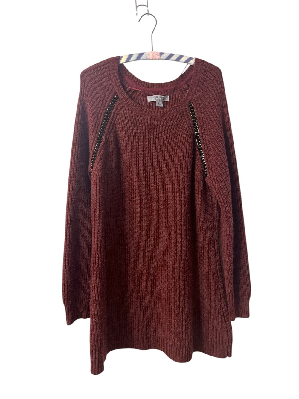 Ruff Hewn Burgundy Ribbed Crewneck Sweater with Chain Trim